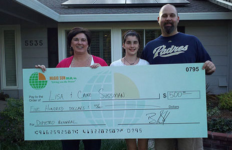Residential family receiving money for solar panel referral.