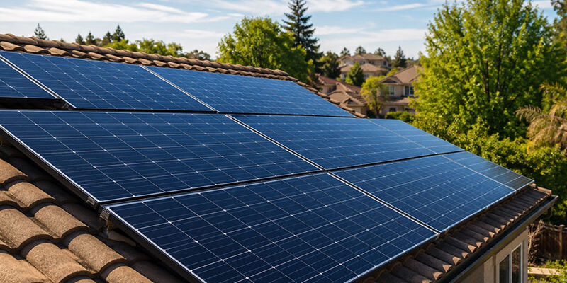 Residential rooftop solar panels producing clean energy on a sunny Northern California day